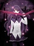  akemi_homura black_hair black_legwear city dark_background hairband keru long_hair mahou_shoujo_madoka_magica pantyhose power_lines purple_eyes ribbon skirt solo telephone_pole very_long_hair 