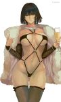  1girl absurdres alcohol bikini black_bikini black_hair breasts champagne cup earrings fubuki_(one-punch_man) fur_jacket green_eyes groin highleg highleg_bikini highres hip_focus holding holding_cup jacket jewelry large_breasts looking_at_viewer micro_bikini navel necklace one-punch_man solo stomach swimsuit thighhighs thighs tight_clothes underboob xsatoh 