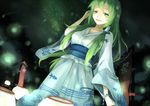  bad_id bad_pixiv_id blue_kimono breasts candle frog green_eyes green_hair hair_ornament hair_tubes huoshansama japanese_clothes kimono kochiya_sanae long_hair medium_breasts night night_sky obi open_mouth sash sky smile snake solo touhou yukata 