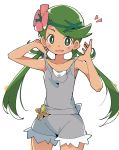  1girl badge blush creatures_(company) flower game_freak green_eyes green_hair hair_flower hair_ornament ixy long_hair mao_(pokemon) nintendo open_mouth overalls pokemon pokemon_(game) pokemon_sm simple_background smile solo strap_lift twintails white_background 