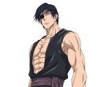 :&lt; abs black_eyes black_hair closed_mouth eyepatch fushiguro_touji highres jujutsu_kaisen large_pectorals muscular muscular_male pectorals pirate sash scar_on_lip short_hair simple_background sleeveless upper_body v0idzenin white_background 