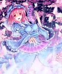  bad_id bad_pixiv_id blush bug butterfly cherry_blossoms dual_wielding fan folding_fan frills hat holding insect open_mouth pink_hair saigyouji_yuyuko short_hair solo touhou triangular_headpiece walzrj 