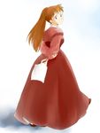  80s ai_no_wakakusa_monogatari arms_behind_back brown_hair dress josephine_march long_skirt looking_back natsu_miton oldschool paper ponytail skirt solo world_masterpiece_theater 