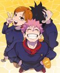  1girl 2boys ^_^ absurdres aisendraw black_hair blue_eyes bread brown_eyes brown_hair clenched_teeth closed_eyes commentary facial_mark food from_above fushiguro_megumi hammer highres holding holding_food holding_hammer itadori_yuuji jujutsu_kaisen jujutsu_tech_uniform kugisaki_nobara looking_at_viewer multiple_boys pink_hair smile spiked_hair swept_bangs teeth undercut v 