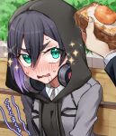  1boy 1girl aijou_rentarou black_hair black_hoodie blurry blurry_foreground blush bread bread_slice bush collared_shirt commentary_request day drooling food fried_egg fried_egg_on_toast from_above furrowed_brow green_eyes grey_jacket hair_between_eyes haraga_kurumi headphones headphones_around_neck highres hiiro_(kiiro_ex) holding holding_food hood hood_up hoodie hungry jacket kimi_no_koto_ga_dai_dai_dai_dai_daisuki_na_100-nin_no_kanojo looking_at_food looking_up multicolored_hair nose_blush ohananomitsu_middle_school_uniform on_bench open_mouth out_of_frame outdoors purple_hair saliva school_uniform shirt short_hair solo_focus sparkle stomach_growling tears thick_eyebrows toast twitter_username upper_body v-shaped_eyebrows wavy_mouth white_shirt 