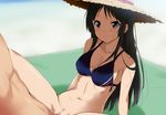  1girl akiyama_mio bare_shoulders bikini black_hair blue_eyes blush bottomless breasts censored cleavage hat highres k-on! kaiga large_breasts legs long_hair navel pubic_hair pussy serious sex sitting spread_legs sweat swimsuit thighs vaginal 
