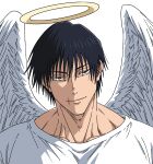  1boy angel angel_wings black_hair fushiguro_touji halo highres jujutsu_kaisen light_smile male_focus scar_on_lip short_hair simple_background solo upper_body v0idzenin white_background wings 