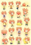  1girl :d :o :q ;d =_= absurdres arms_up bowing character_sheet chibi double_v ganbaru_pose green_eyes hands_together heart highres hungry idolmaster idolmaster_(classic) jumping leg_hug lying maiko_(yoshida308) on_stomach one_eye_closed open_mouth orange_hair own_hands_together pillow pillow_hug skirt smile stomach_growling takatsuki_yayoi tongue tongue_out twintails v 
