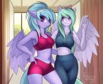  2018 anthro breasts clothed clothing cloud_chaser_(mlp) detailed_background digital_media_(artwork) duo equine female flitter_(mlp) friendship_is_magic green_hair hair mammal my_little_pony pegasus rublegun smile standing wings 