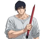  1boy black_eyes black_hair black_sclera broad_shoulders closed_mouth collarbone colored_sclera fushiguro_touji highres jujutsu_kaisen male_focus muscular muscular_male scar_on_lip short_hair simple_background solo sweater upper_body v0idzenin white_background white_sweater 