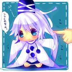  :t blue_eyes blush chibi chocolat_(momoiro_piano) flapping hat japanese_clothes kariginu kneeling mononobe_no_futo poking ponytail pout shirt silver_hair skirt solo touhou translated 