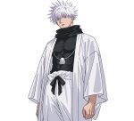  1boy black_scarf blue_eyes colored_eyelashes covered_abs covered_pectorals cowboy_shot gojou_satoru hakama highres japanese_clothes jujutsu_kaisen kimono male_focus parted_lips pectorals scarf simple_background solo spiked_hair tight_clothes v0idzenin white_background white_eyelashes white_hair white_hakama white_kimono 