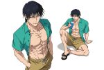  1boy abs aqua_shirt arm_support black_eyes black_hair closed_mouth collarbone cowboy_shot drinking drinking_straw drinking_straw_in_mouth fushiguro_touji green_shirt highres jujutsu_kaisen large_pectorals male_focus male_swimwear multiple_views muscular muscular_male navel nipples open_clothes open_shirt pectorals scar_on_lip shirt short_hair shorts simple_background sitting swim_trunks v0idzenin white_background yellow_shorts 