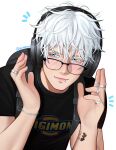  1boy aliyartss blue_eyes digimon face_piercing fish_tattoo glasses gojou_satoru headphones highres jewelry jujutsu_kaisen light_blush lip_piercing logo_print multiple_rings piercing pisces_(symbol) ring short_hair simple_background tattoo upper_body white_background white_hair 