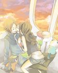  1boy 1girl bad_id bad_pixiv_id baseball_cap brown_hair closed_eyes commentary_request couple hat hetero hilbert_(pokemon) hilda_(pokemon) lowres mayuuuuu oshawott pokemon pokemon_(creature) pokemon_bw ponytail snivy starter_pokemon_trio tepig 
