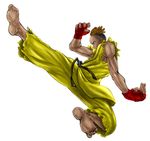  brown_hair capcom dark_skin dark_skinned_male dougi fingerless_gloves flying_kick freeride-art gloves hairlocs highres kicking male_focus muscle sean_matsuda solo street_fighter street_fighter_iii_(series) 