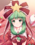  1girl bangs blunt_bangs blush bow box breasts candy candy_cane cleavage commentary_request dress erect_nipples eyebrows_visible_through_hair food frills front_ponytail gift gift_box green_eyes green_hair head_tilt highres kagiyama_hina large_breasts long_hair looking_at_viewer lzh perspective puffy_short_sleeves puffy_sleeves red red_bow red_dress red_ribbon ribbon short_sleeves solo star touhou 