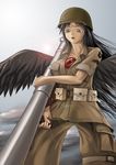  absurdres air_(artist) arm_cannon bazooka black_hair breasts cleavage helmet highres large_breasts long_hair military military_uniform reiuji_utsuho soldier solo touhou uniform weapon wings world_war_ii 