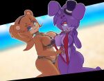3d_(artwork) accessory animatronic anthro bangs beach bear bikini black_eyeshadow black_hairband blue_eyes blunt_bangs blurred_background bonfie_(cryptiacurves) bonnie_(fnaf) brown_body brown_hair buckteeth clothing crossgender cryptiacurves day digital_media_(artwork) duo dutch_angle eyeshadow female female/female five_nights_at_freddy&#039;s freddy_(fnaf) fredina&#039;s_nightclub frenni_(cryptiacurves) glowing glowing_eyes hair hair_accessory hair_over_eye half-closed_eyes hand_on_shoulder hat headgear headwear hi_res lagomorph leporid long_hair looking_at_another looking_at_viewer machine makeup mammal mole_under_eye mtf_crossgender narrowed_eyes one-piece_swimsuit open_mouth outside pattern_bikini pattern_clothing pattern_swimwear pink_eyes ponytail purple_body purple_eyeshadow purple_hair rabbit red_clothing red_swimwear robot robot_anthro scottgames scut_tail short_hair short_tail side-tie_bikini sling_bikini smile smiling_at_another smiling_at_viewer star_accessory string_bikini striped_bikini striped_clothing striped_swimwear stripes swimwear tail teeth thick_thighs top_hat two-piece_swimsuit wide_hips