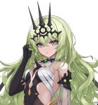  1girl absurdres black_dress black_gloves breasts claw_ring crown dress earrings gloves green_eyes green_hair highres honkai_(series) honkai_impact_3rd jewelry kabuto_tong long_hair looking_at_viewer medium_breasts mobius_(honkai_impact) simple_background single_earring single_sleeve slit_pupils solo upper_body wavy_hair white_background white_sleeves 