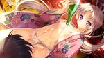  1girl blonde_hair bottle collarbone dutch_angle flat_chest fundoshi game_cg japanese_clothes kimono long_hair long_sleeves love_2_quad naruse_hirofumi navel nipples open_clothes open_robe pink_eyes ponytail robe smile solo_focus straddling toudou_chitose wet 