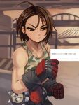  1girl absurdres ahoge bare_shoulders black_gloves breasts bridge brown_eyes brown_hair camouflage camouflage_shirt camouflage_tank_top city cleavage clenched_hand clothes_around_waist collarbone fighting_stance gloves highres justice_gakuen kazama_akira michibata_anko muscular muscular_female orange_background red_gloves request_inset serious shirt short_hair skull small_breasts solo tank_top translation_request two-tone_gloves 