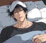  1boy black_hair collarbone fushiguro_touji head_on_pillow highres jujutsu_kaisen male_focus messy_hair muscular muscular_male pillow scar_on_lip short_hair sick simple_background solo under_covers upper_body v0idzenin white_background 