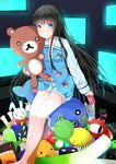  animal_print bear_print black_hair blue_eyes bunny can dr_pepper frog highres kami-sama_no_memo-chou long_hair monitor pajamas r_star shionji_yuuko shorts solo stuffed_animal stuffed_toy teddy_bear thighhighs very_long_hair 