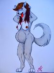 belly blue_theme breasts brown_hair butt canine digitigrade engrossed exposed female hair hands_behind_head mammal muddypaws nipples nude open_mouth pregnant pussy raised_arm snout solo standing tongue tongue_out wolf 