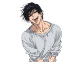  1boy black_eyes black_hair black_sclera collarbone colored_sclera fushiguro_touji highres jujutsu_kaisen male_focus muscular muscular_male scar_on_lip short_hair simple_background solo sweater teeth tongue tongue_out upper_body v0idzenin white_background white_sweater 