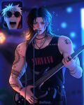  2boys aliyartss band_shirt black_hair black_tank_top broad_shoulders collarbone cowboy_shot ear_piercing eyebrow_piercing face_piercing fan_screaming_at_madison_beer_(meme) fish_tattoo getou_suguru gojou_satoru guitar highres holding holding_guitar holding_instrument instrument jewelry jujutsu_kaisen male_focus medium_hair meme merchandise microphone_stand multiple_boys necklace nirvana_(band) open_mouth piercing pisces_(symbol) round_eyewear screaming short_hair shoulder_tattoo sparkle sunglasses tank_top tattoo teeth toned toned_male white_hair 