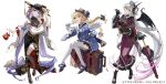  3girls bat_wings bb_(fate) bb_dubai_(fate) black_hat black_leggings blonde_hair braid braided_ponytail breasts carimarica dango demon_horns dress fate/grand_order fate_(series) food gloves gradient_hair green_eyes hat holding holding_umbrella horns japanese_clothes jeanne_d'arc_(fate) large_breasts leggings lilith_(fate) long_hair metatron_jeanne_(fate) multicolored_hair multiple_girls official_art pink_hair purple_eyes purple_hair suitcase umbrella very_long_hair wagashi white_gloves white_hair white_leggings wings yellow_eyes 