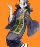  1boy black_eyes black_hair black_kimono black_robe ear_piercing getou_suguru getou_suguru_(kenjaku) hair_bun japanese_clothes jujutsu_kaisen kesa kimono kkrmcmc long_hair looking_at_viewer male_focus orange_background pale_skin piercing plug_(piercing) robe scar scar_on_face scar_on_forehead simple_background smile socks solo stitched_face stitched_forehead stitches tabi white_socks wide_sleeves 