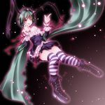  alternate_costume antennae bad_id bad_pixiv_id bare_shoulders boots breasts cape cleavage collarbone corset dress frills green_hair headband highres looking_at_viewer princess_wriggle red_eyes s-syogo short_hair small_breasts smile solo striped striped_legwear thighhighs touhou wriggle_nightbug zettai_ryouiki 