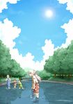  blue_hair child closed_eyes cloud day dress forest fujiwara_no_mokou hariyaa highres kamishirasawa_keine lens_flare long_hair multiple_girls nature net outdoors pants pants_rolled_up ponytail reflection river sky smile sun suspenders touhou tree wading water white_hair 