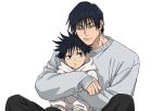  2boys aged_down black_hair broad_shoulders child father_and_son fushiguro_megumi fushiguro_touji highres hug jujutsu_kaisen male_focus multiple_boys scar_on_lip short_hair simple_background spiked_hair sweater v0idzenin white_background white_sweater 