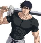  1boy black_hair collarbone covered_abs fur-trimmed_sword fushiguro_touji highres jujutsu_kaisen large_pectorals male_focus muscular muscular_male pectorals scar_on_lip shirt short_hair simple_background smile solo split_soul_katana_(jujutsu_kaisen) tight_clothes tight_shirt upper_body v0idzenin white_background 
