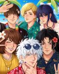  2girls 4boys aged_down aliyartss beach bead_necklace beads black_hair blonde_hair bow brown_hair closed_eyes eyelashes eyewear_on_head flower flower_necklace getou_suguru gojou_satoru grin group_picture haibara_yu hair_flower hair_ornament hawaiian_shirt highres ieiri_shoko iori_utahime jewelry jujutsu_kaisen lei light_blush long_hair medium_hair multiple_boys multiple_girls nanami_kento necklace ocean open_mouth orange_eyes palm_tree pisces_(symbol) purple_eyes round_eyewear salute screaming shirt short_hair shoulder_tattoo smile sparkle starfish_hair_ornament sunglasses tattoo teeth tree upper_body vacation white_bow white_hair 