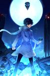  black_hair blue_eyes coat devil_survivor_2 full_moon highres looking_back male_focus megami_ibunroku_devil_survivor moon night protagonist_(devil_survivor_2) ruins scarf shin_megami_tensei solo sunakumo 