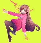  1girl :d artist_name bill_cipher black_pantyhose brown_eyes brown_hair brown_shoes gravity_falls heart highres loafers long_hair long_sleeves mabel_pines pantyhose pink_sweater purple_skirt shoes simple_background skirt smile solo sweater woorin yellow_background 