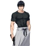  abs black_eyes black_hair black_shirt cowboy_shot fushiguro_touji grin gun hakama handgun highres holding holding_gun holding_weapon japanese_clothes jujutsu_kaisen large_pectorals muscular muscular_male pants pectorals scar_on_lip shirt short_hair simple_background smile v0idzenin weapon white_background white_hakama white_pants 