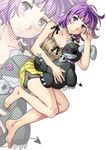  ahoge bangs bare_legs bare_shoulders barefoot blush brown_eyes camisole character_request collarbone cuvie eyepatch face feet hands legs nightmare_maker purple_hair rubbing_eyes short_hair solo stuffed_toy toes toy zoom_layer 