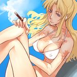  balalaika balalaika_(black_lagoon) bikini black_lagoon blonde_hair blue_eyes breasts gradient gradient_background kome_(vm500) large_breasts long_hair lowres ponytail scar smile smoke solo swimsuit white_bikini white_swimsuit 