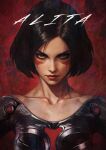  1girl absurdres alita bare_shoulders battle_angel_alita black_hair brown_eyes collarbone cyborg expressionless facepaint faux_traditional_media head_tilt highres looking_at_viewer mechanical_arms monori_rogue portrait red_background science_fiction short_hair solo 