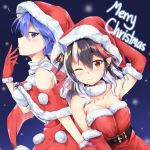  2girls ;) absurdres akiteru98 alternate_costume arm_up armpits bangs bare_shoulders belt black_belt black_hair blue_background blue_eyes blue_hair blush breasts brooch capelet christmas cleavage collarbone commentary_request cowboy_shot doremy_sweet dress elbow_gloves eyebrows_visible_through_hair from_side fur_collar fur_trim gloves gradient gradient_background hair_between_eyes hand_up hat highres horns jewelry kijin_seija long_hair looking_at_viewer medium_breasts merry_christmas multicolored_hair multiple_girls one_eye_closed pointy_ears pom_pom_(clothes) profile red_capelet red_dress red_gloves red_hair red_skirt santa_costume santa_hat shirt skirt sleeveless sleeveless_shirt smile strapless strapless_dress streaked_hair touhou white_hair white_shirt 