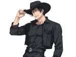  1boy adjusting_clothes adjusting_headwear alternate_costume black_hair black_hat black_jacket black_shirt covered_abs cowboy_hat cowboy_shot fushiguro_touji hat highres jacket jujutsu_kaisen large_pectorals male_focus muscular muscular_male pectorals scar_on_lip shirt short_hair simple_background skull_belt solo tight_clothes v0idzenin white_background 