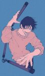  1boy black_hair blue_background cropped_legs fushiguro_touji highres jujutsu_kaisen male_focus mim_(mimya0600) pale_skin scar_on_lip short_hair smile solo sweater three_section_staff white_sweater 