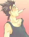  akagi_haruna akaki bare_shoulders blush brown_eyes brown_hair green_eyes lloyd_irving male male_focus popsicle profile sexually_suggestive short_hair simple_background solo spiked_hair sweat tales_of_(series) tales_of_symphonia tank_top 