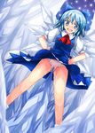  90i blue_eyes blue_hair blush cameltoe cirno dress from_below hands_on_hips highres ice ice_wings panties pussy_juice pussy_juice_stain see-through solo touhou underwear wet wet_clothes wet_panties white_panties wings 