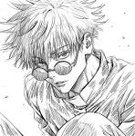  1boy eyelashes gojou_satoru greyscale highres jujutsu_kaisen male_focus monochrome parted_lips round_eyewear short_hair sketch solo spiked_hair sunglasses v0idzenin 
